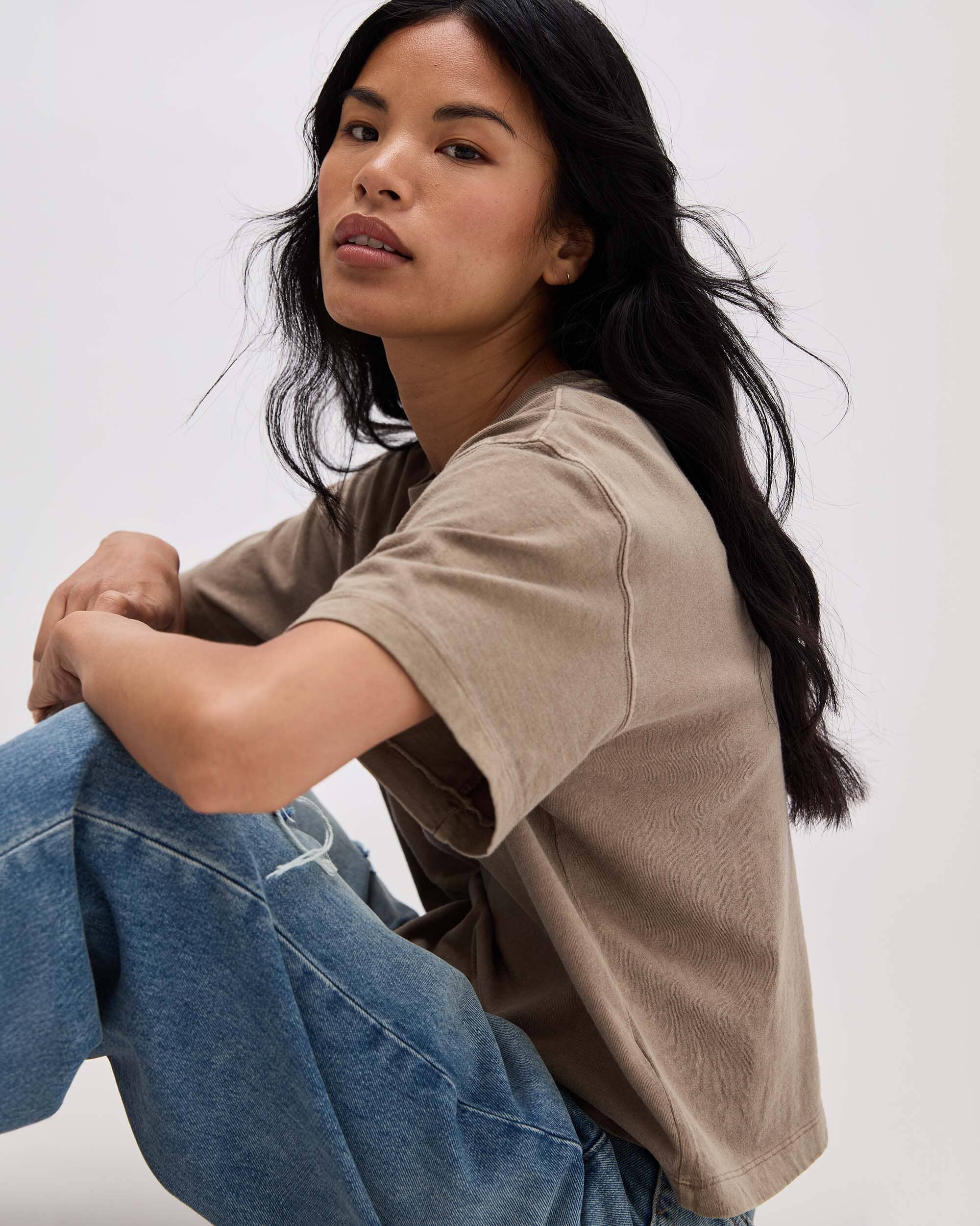 Womens Relaxed Crop Tee - Pigment Dye Jersey - Warm Grey