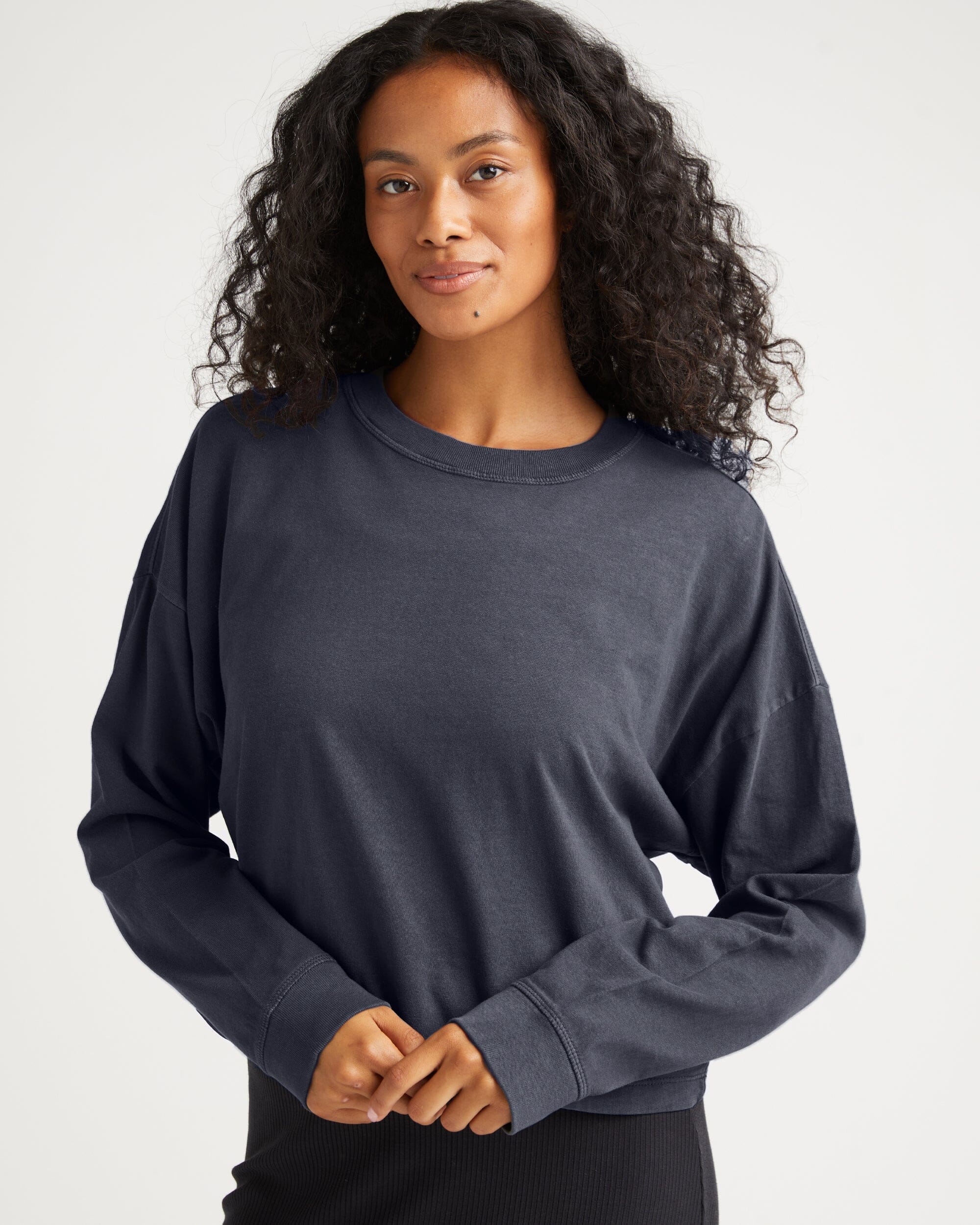 Womens Relaxed Crop Long Sleeve Tee - Pigment Dye Jersey - Blue Steel