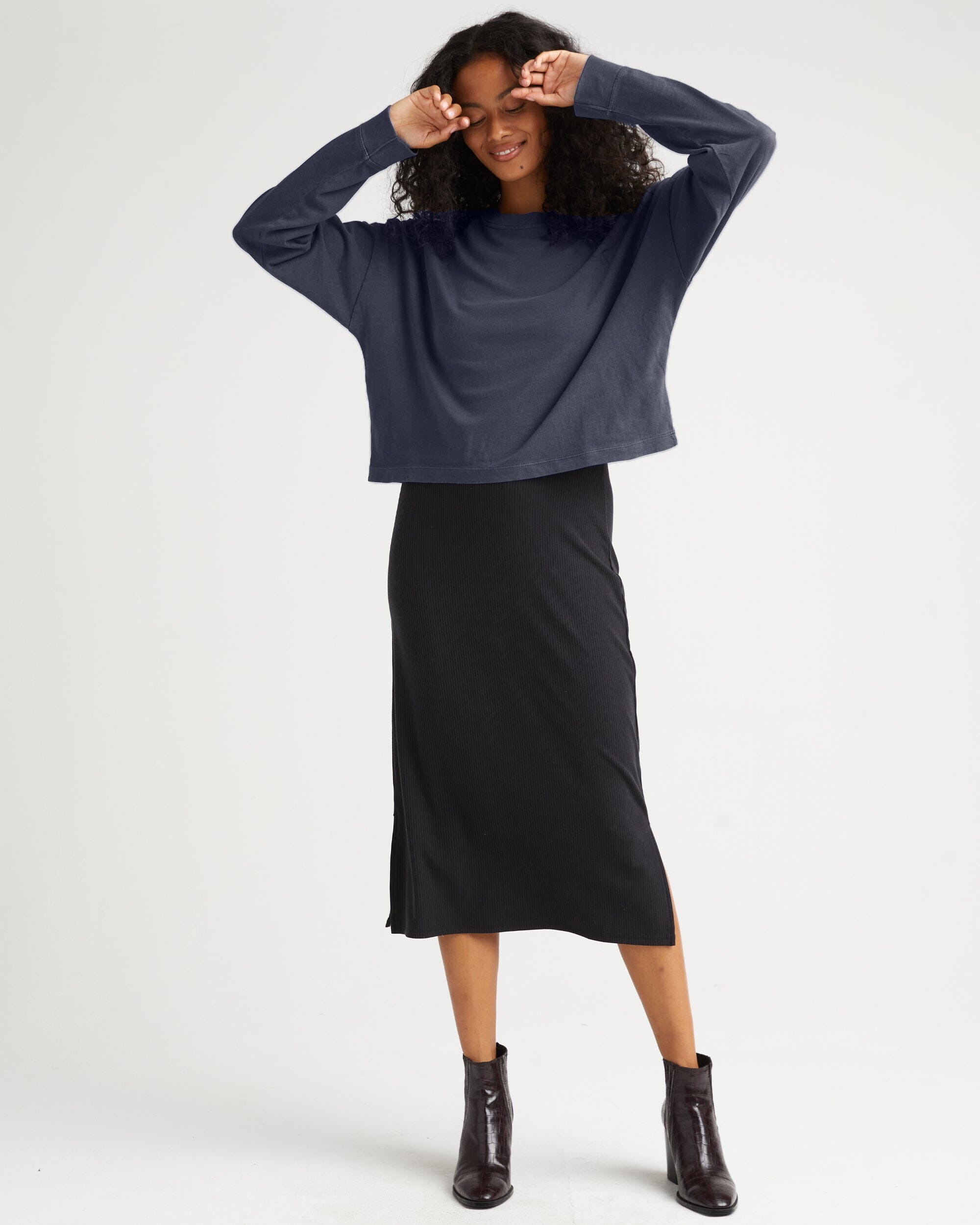 Womens Relaxed Crop Long Sleeve Tee - Pigment Dye Jersey - Blue Steel