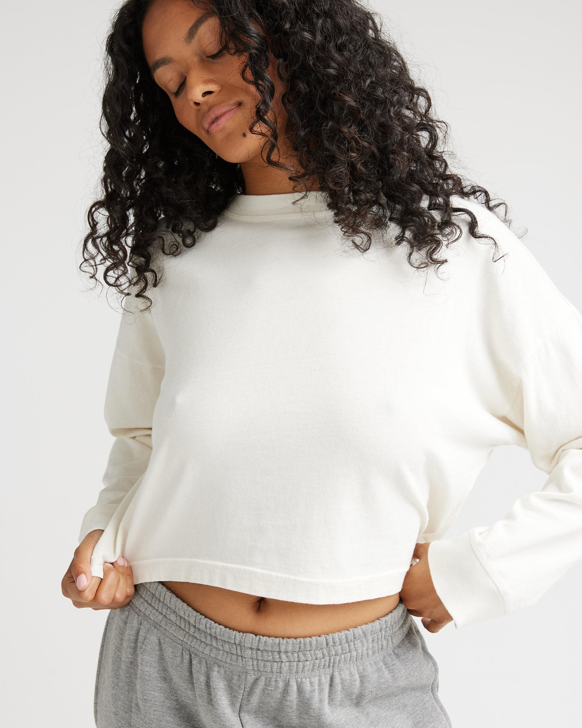 Womens Relaxed Crop Long Sleeve Tee - Pigment Dye Jersey - Bone
