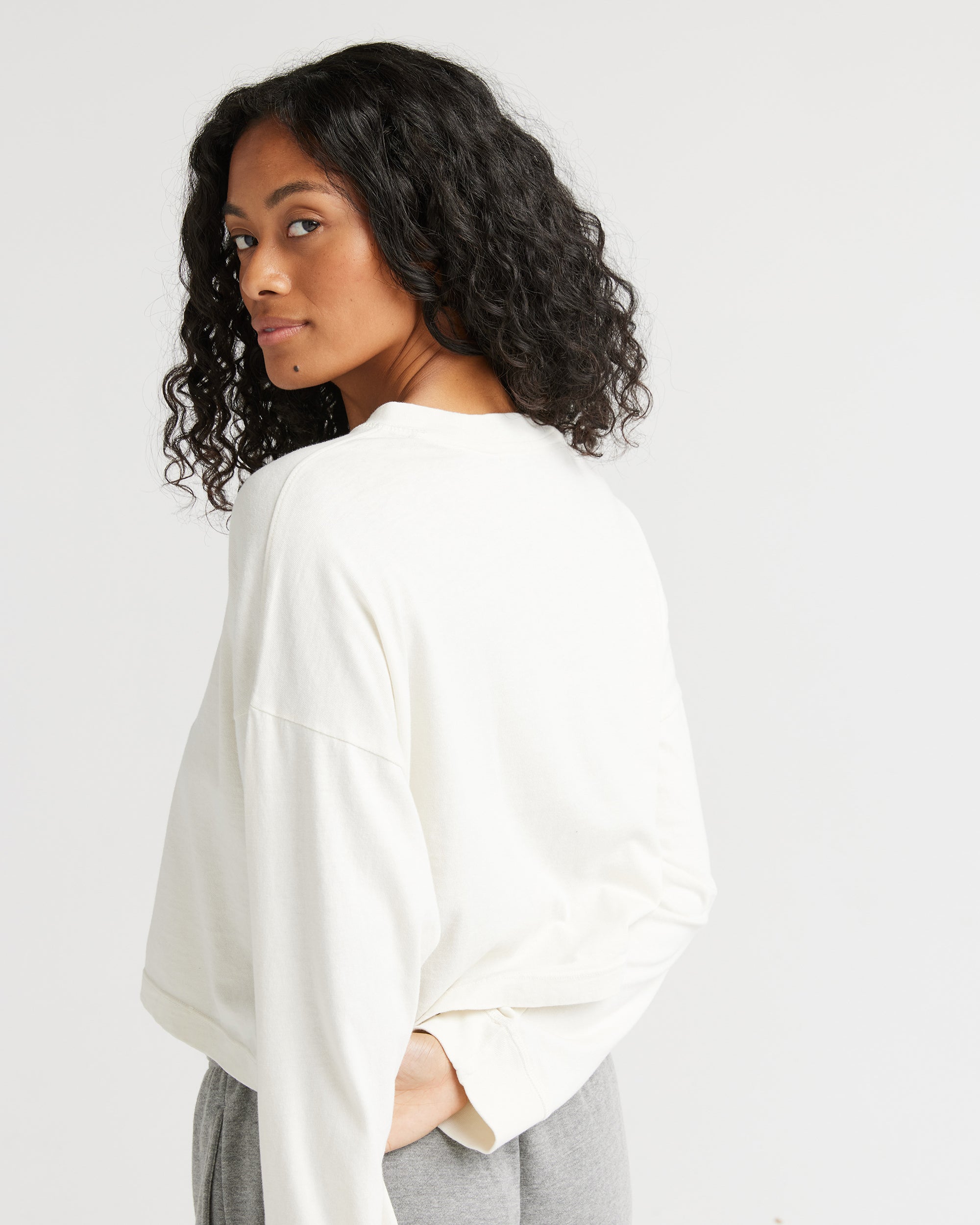 Womens Relaxed Crop Long Sleeve Tee - Pigment Dye Jersey - Bone
