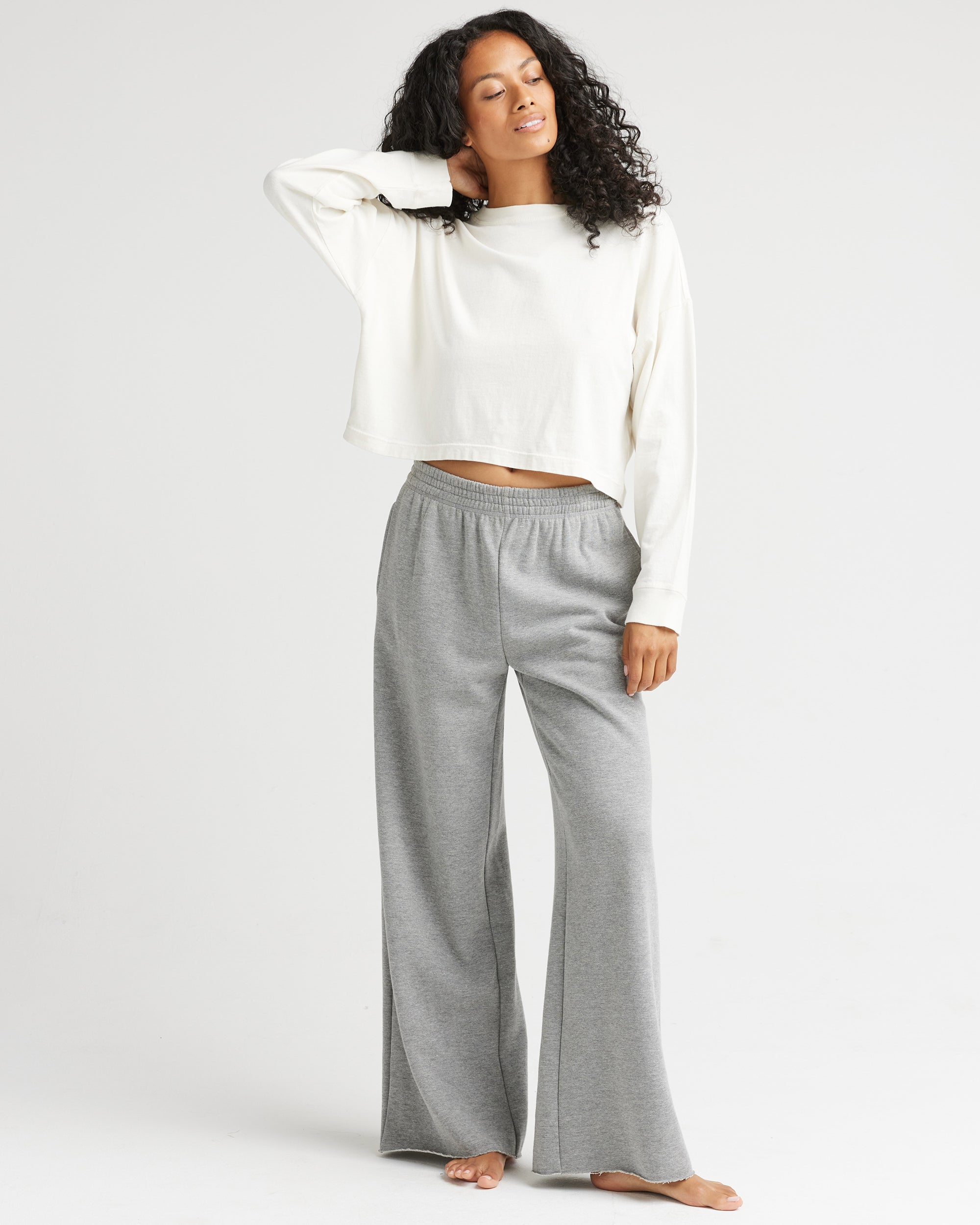 Womens Relaxed Crop Long Sleeve Tee - Pigment Dye Jersey - Bone