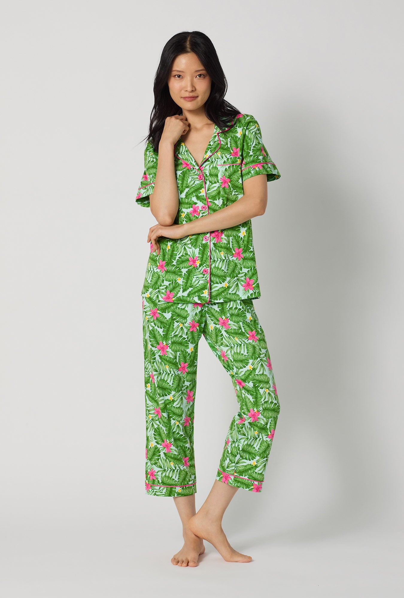 Monstera Bloom Short Sleeve Classic Stretch Jersey Cropped Pj Set