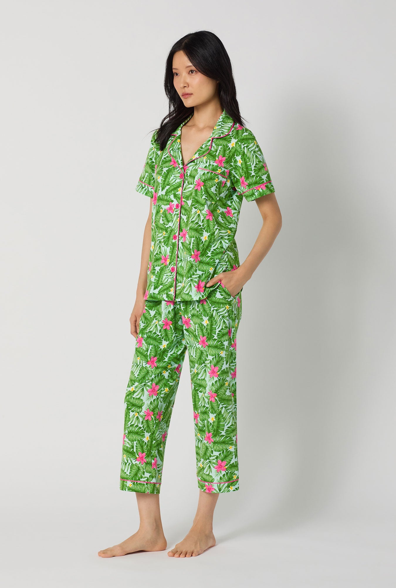 Monstera Bloom Short Sleeve Classic Stretch Jersey Cropped Pj Set