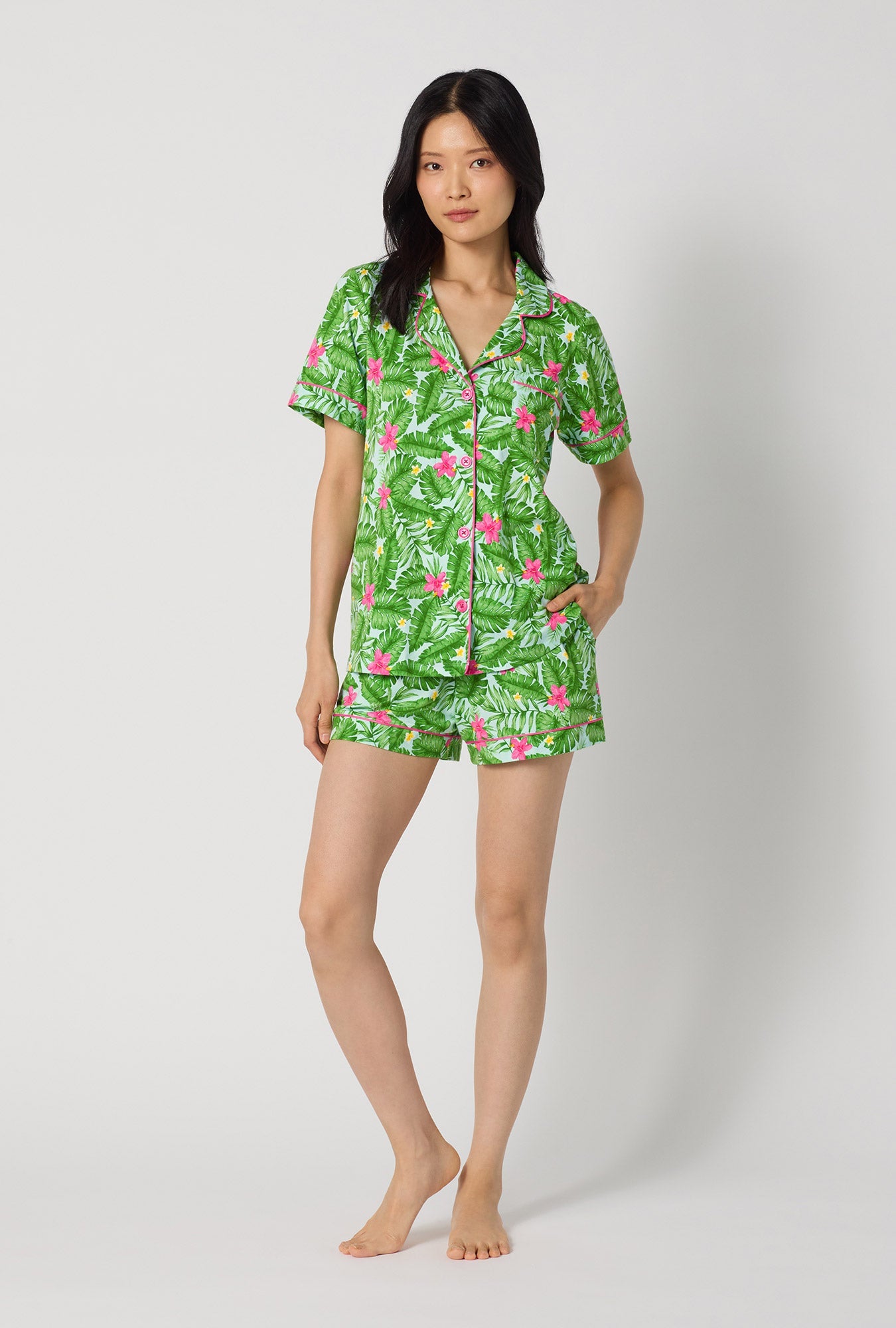 Monstera Bloom Short Sleeve Classic Shorty Stretch Jersey Pj Set