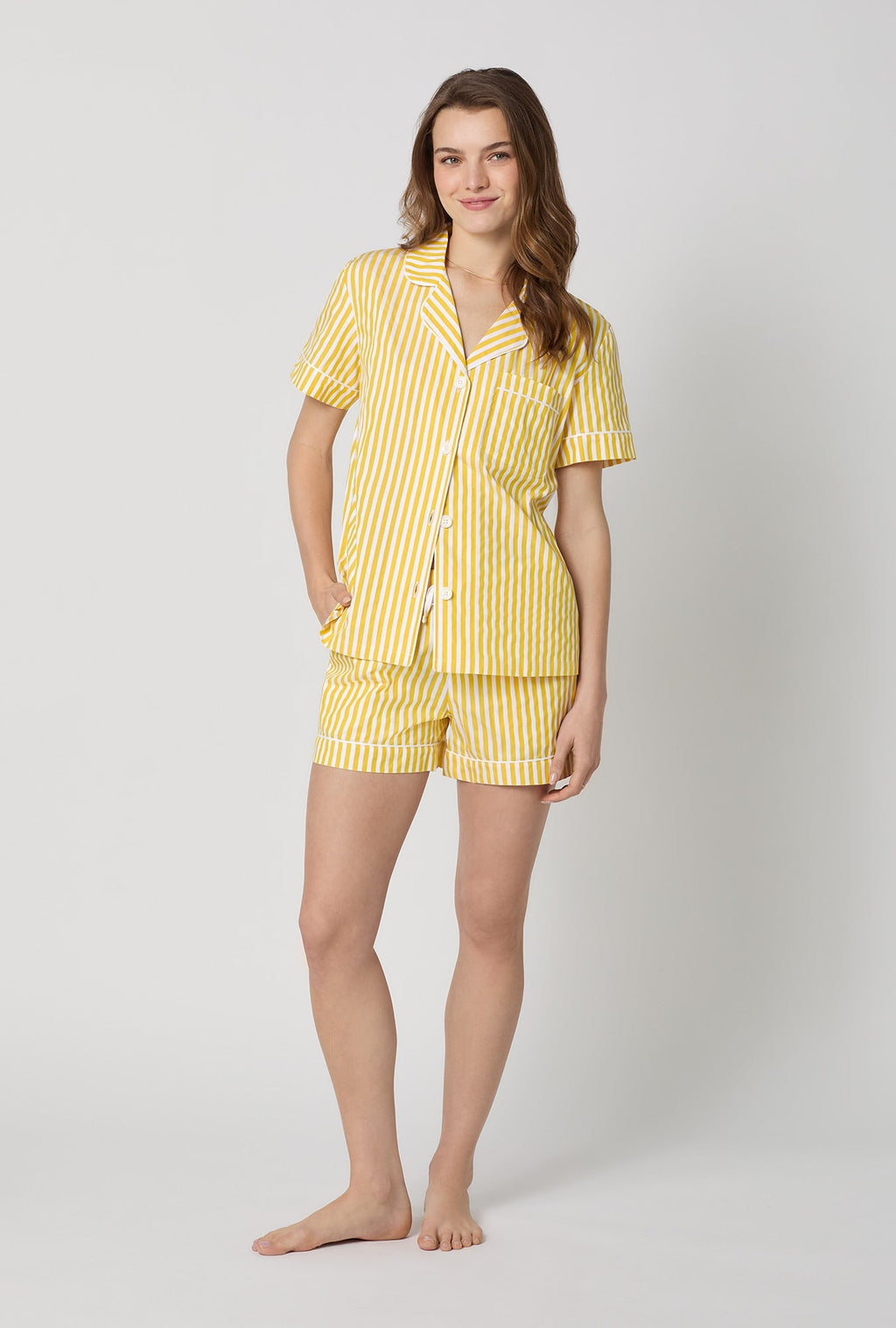 Yellow 3D Stripe Short Sleeve Classic Shorty Woven Cotton Sateen Pj Set