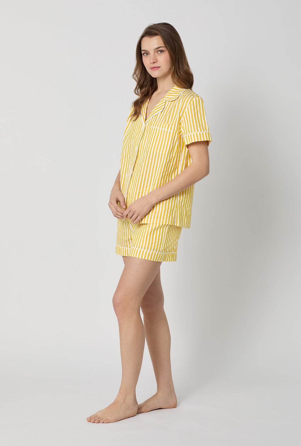Yellow 3D Stripe Short Sleeve Classic Shorty Woven Cotton Sateen Pj Set