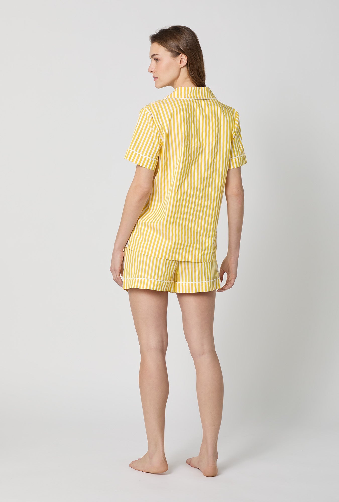Yellow 3D Stripe Short Sleeve Classic Shorty Woven Cotton Sateen Pj Set
