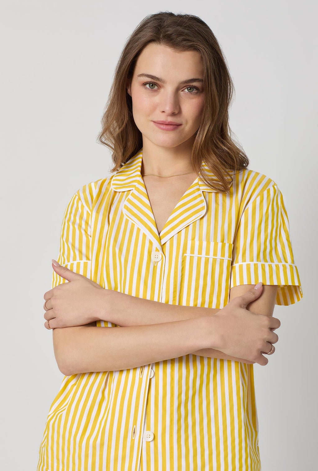 Yellow 3D Stripe Short Sleeve Classic Shorty Woven Cotton Sateen Pj Set