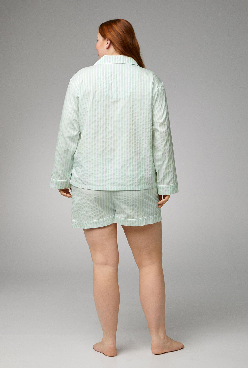 Mint 3D Stripe Long Sleeve Classic Woven Cotton Sateen Shorty PJ Set