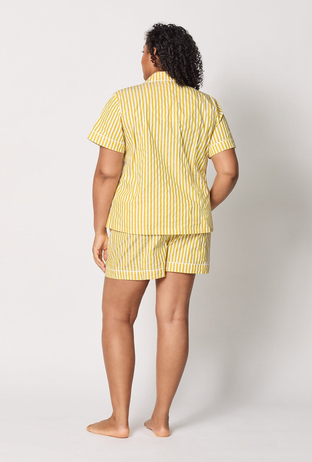 Yellow 3D Stripe Short Sleeve Classic Shorty Woven Cotton Sateen Pj Set