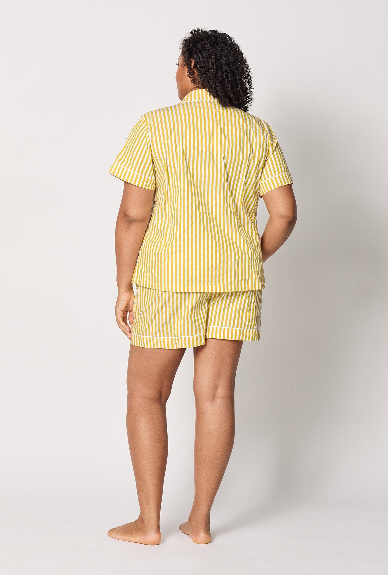 Yellow 3D Stripe Short Sleeve Classic Shorty Woven Cotton Sateen Pj Set