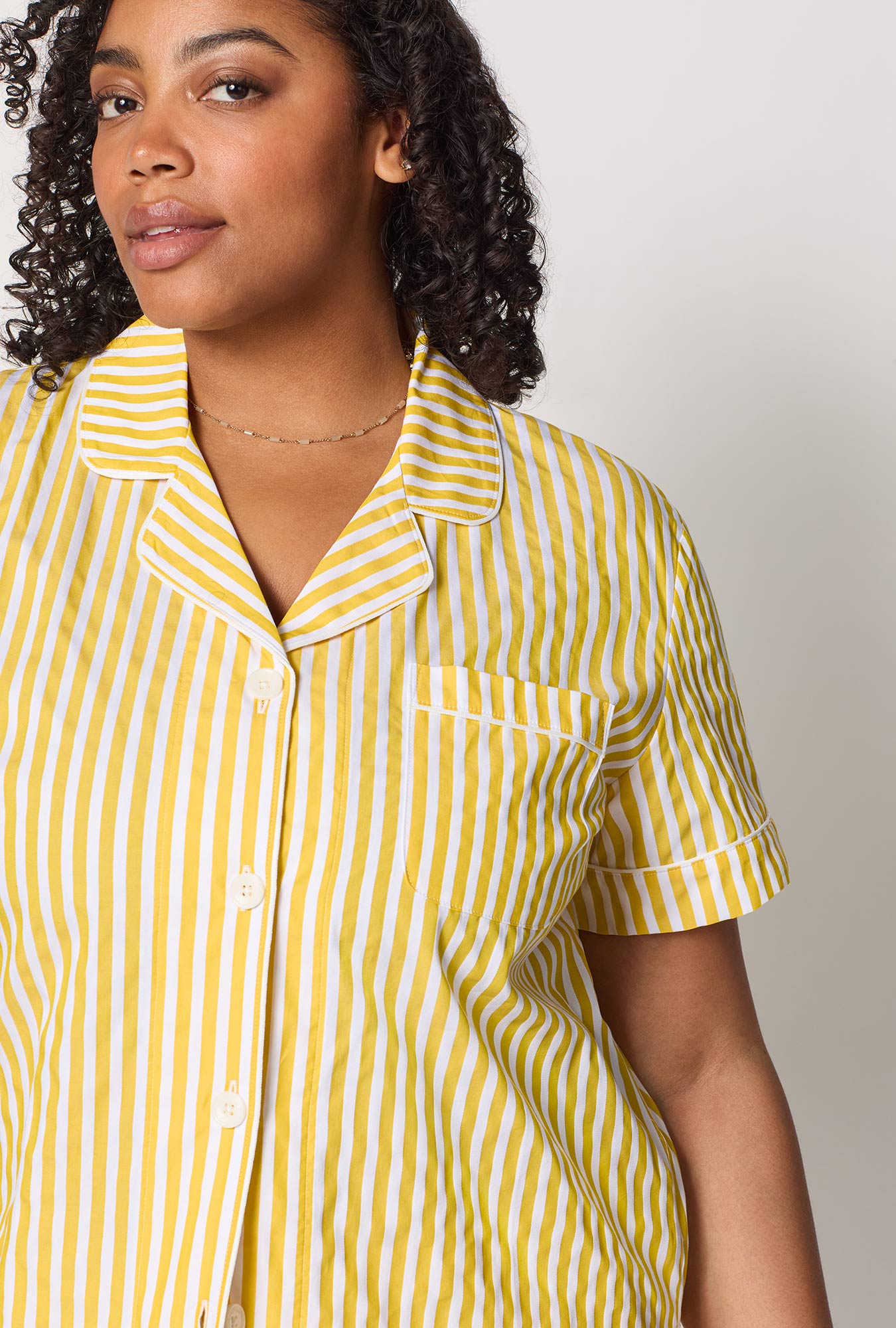 Yellow 3D Stripe Short Sleeve Classic Shorty Woven Cotton Sateen Pj Set