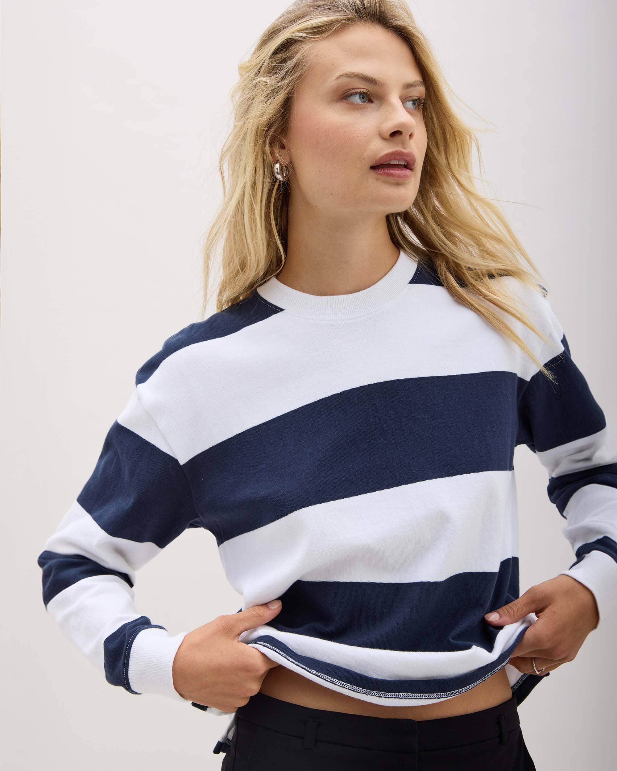Womens Beefy Stripe Cotton Pullover - Pima Cotton Jersey - Blue Nights Stripe