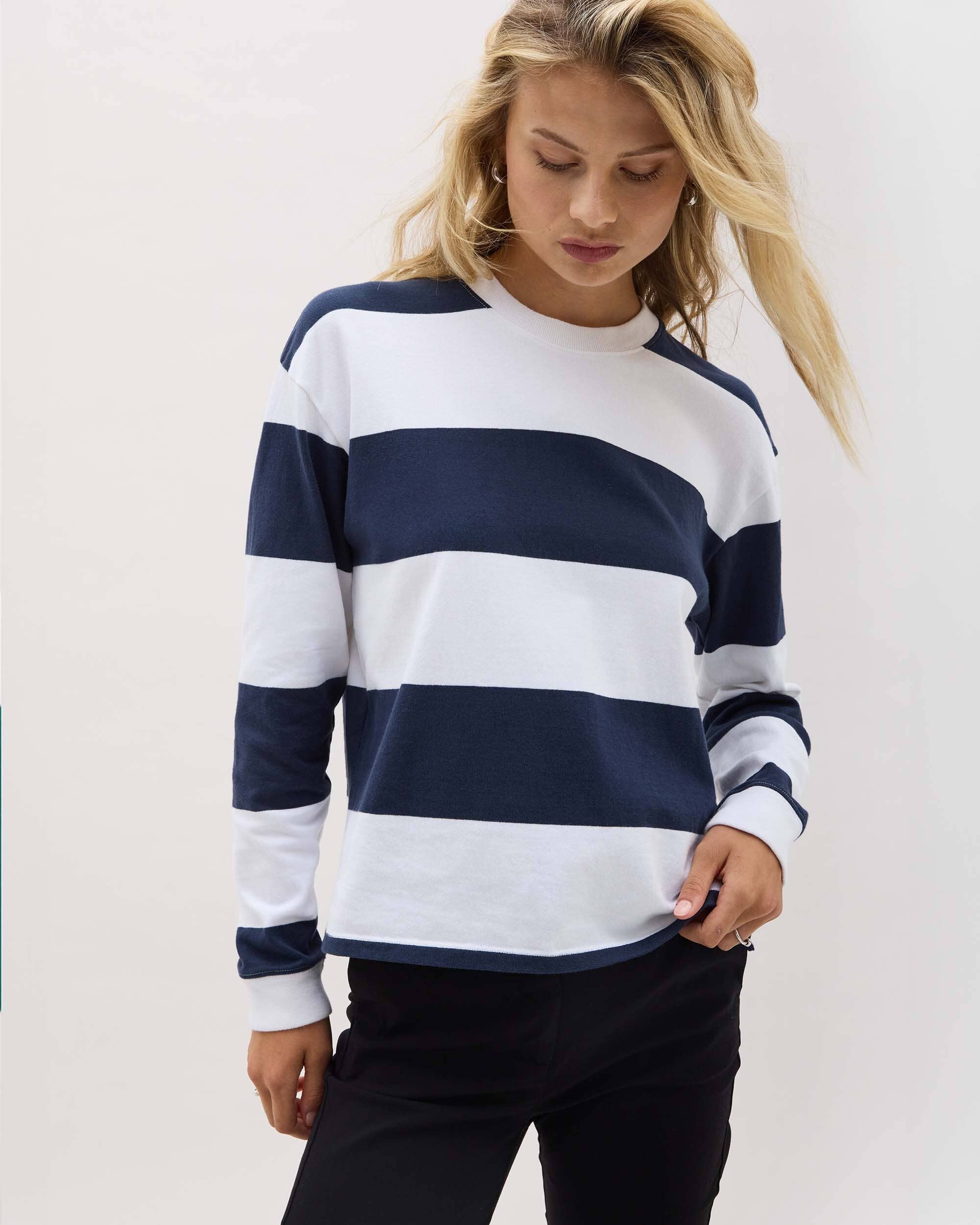 Womens Beefy Stripe Cotton Pullover - Pima Cotton Jersey - Blue Nights Stripe