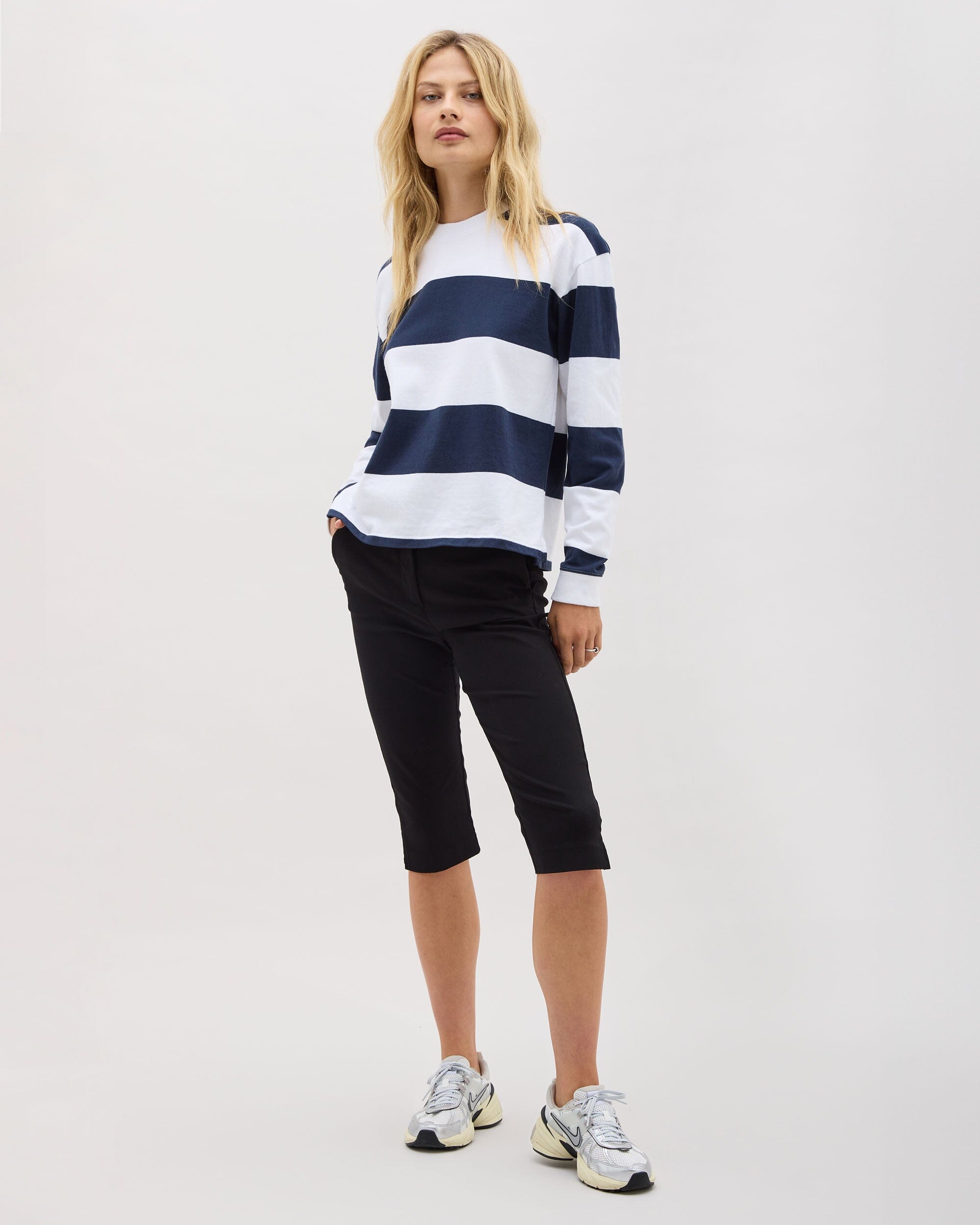 Womens Beefy Stripe Cotton Pullover - Pima Cotton Jersey - Blue Nights Stripe
