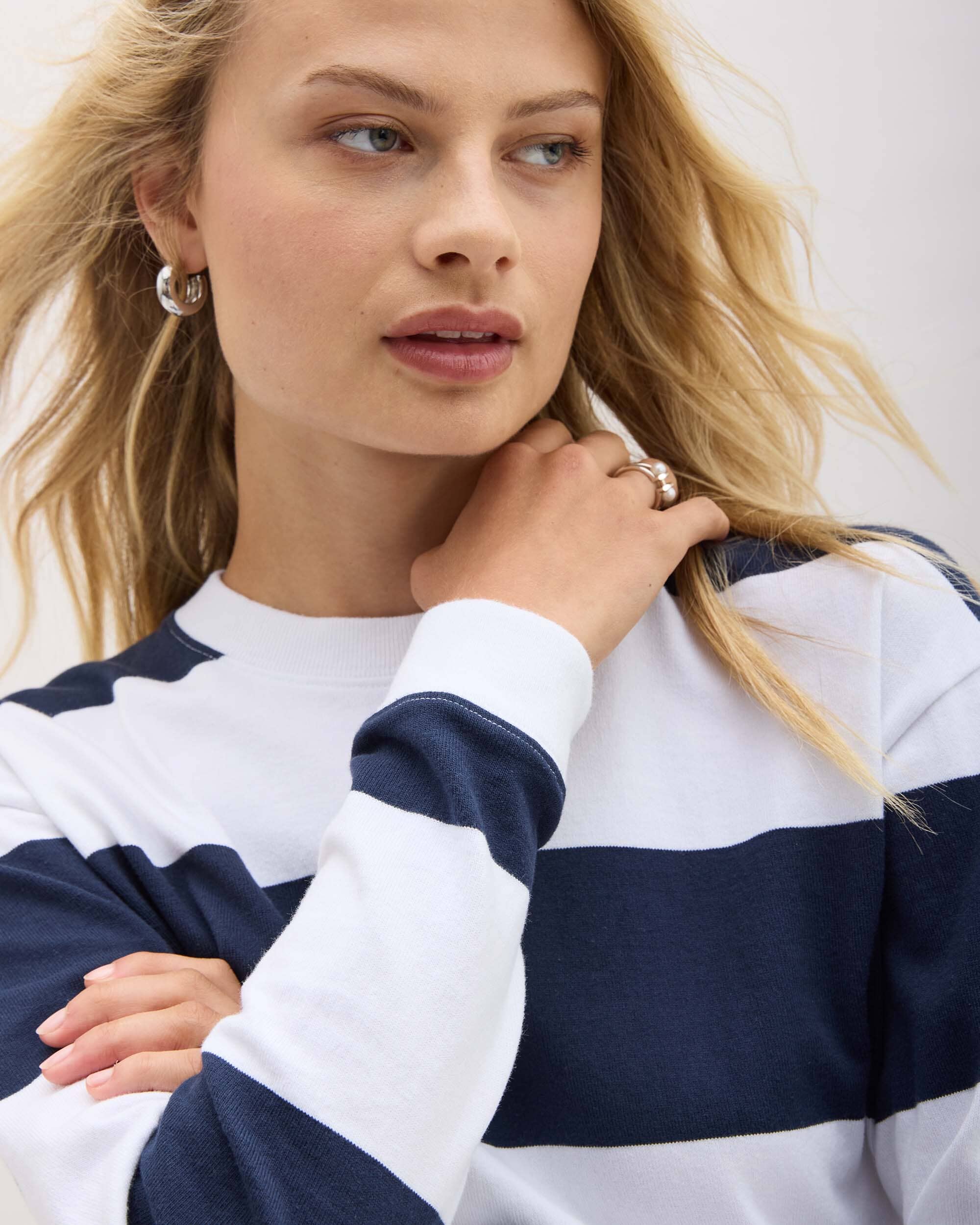 Womens Beefy Stripe Cotton Pullover - Pima Cotton Jersey - Blue Nights Stripe