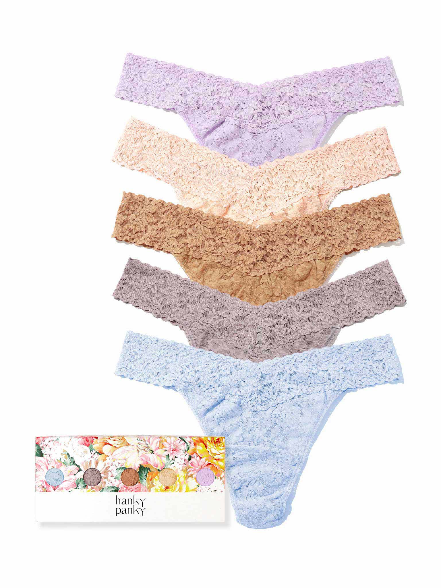5 Pack Signature Lace® Original Rise Thongs In Printed Box Desert Haze Neutrals