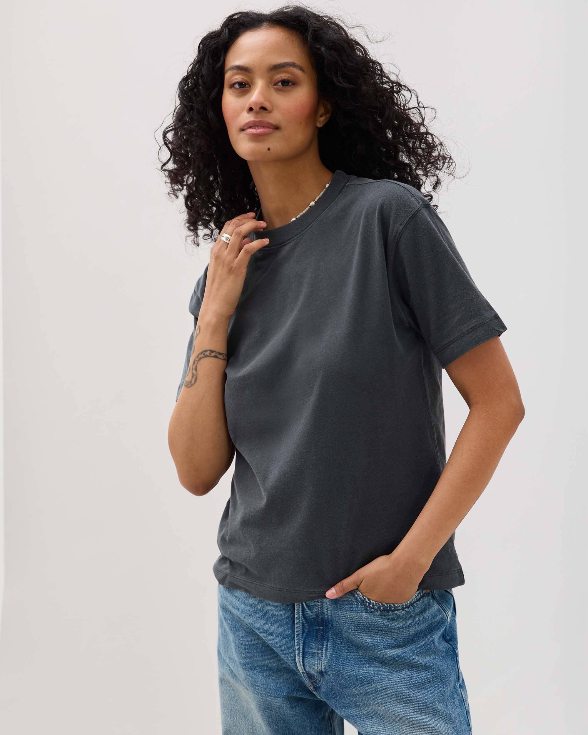Womens Relaxed Everyday Tee - Pigment Dye Jersey - Stretch Limo