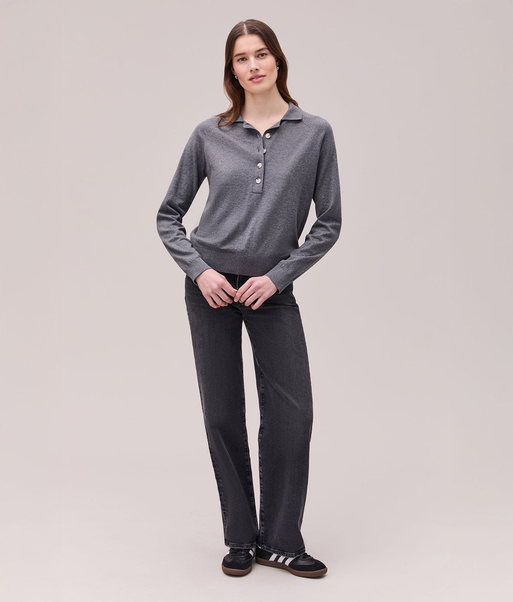 Womens Washable Cotton Silk Henley - Cotton Sweater Knit - Charcoal Heather Grey