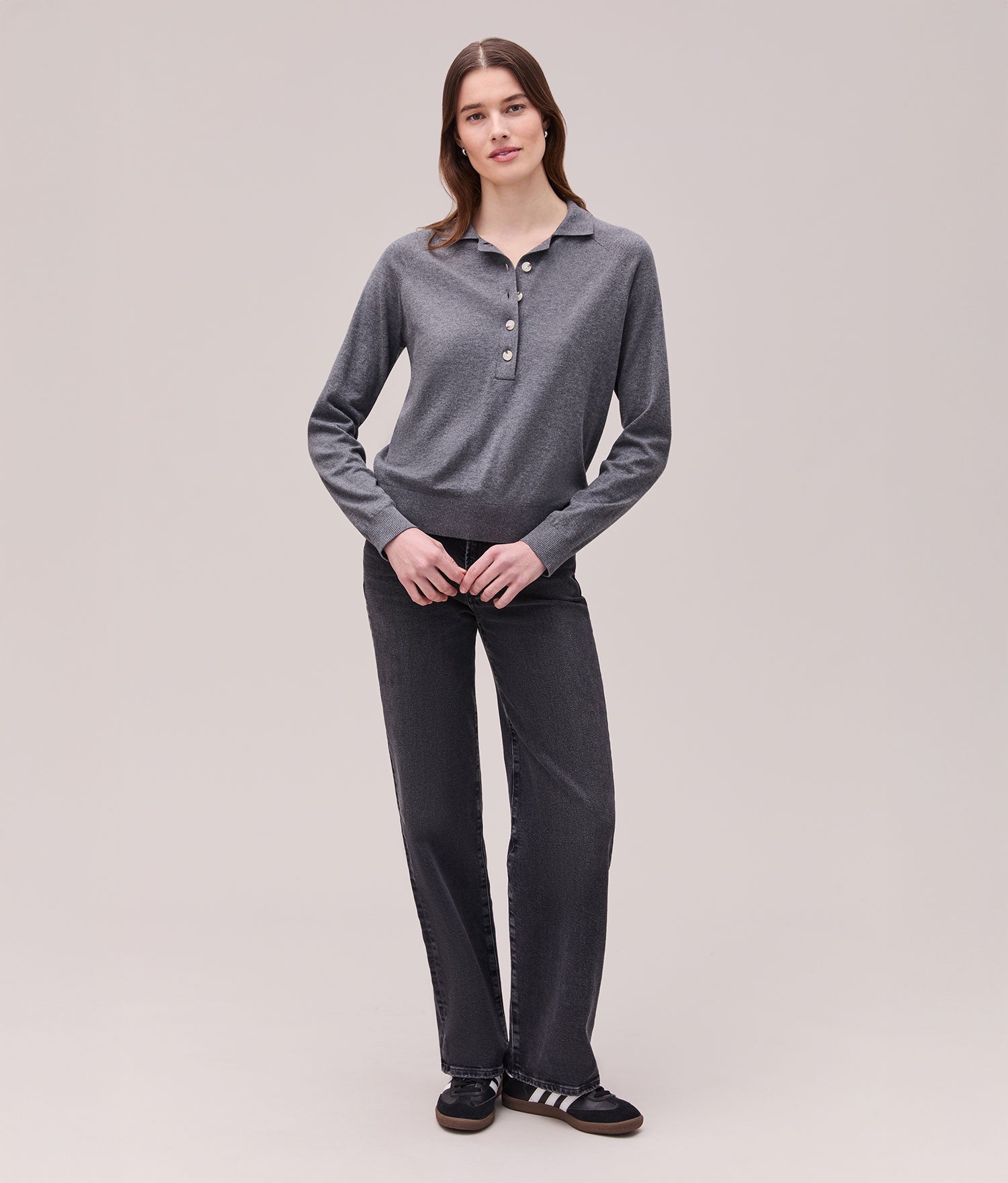 Womens Washable Cotton Silk Henley - Cotton Sweater Knit - Charcoal Heather Grey