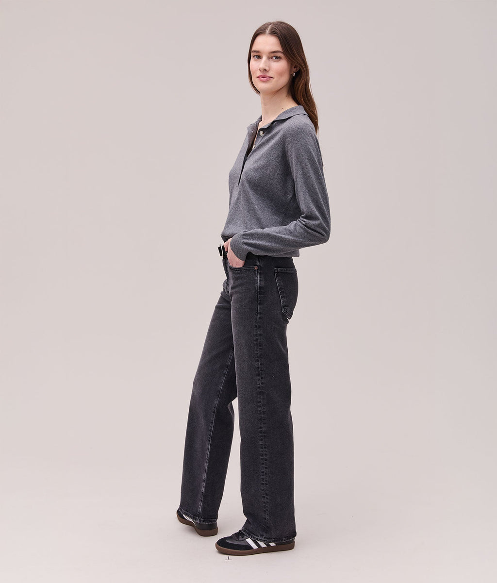 Womens Washable Cotton Silk Henley - Cotton Sweater Knit - Charcoal Heather Grey