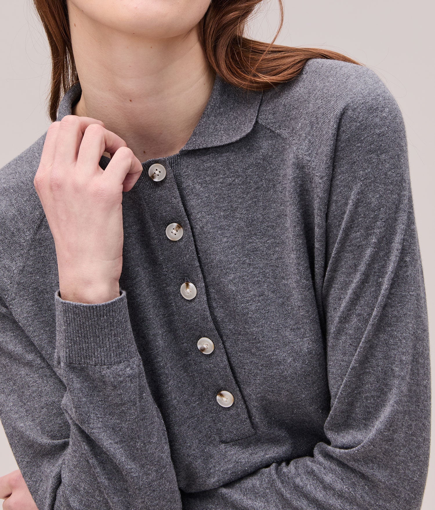Womens Washable Cotton Silk Henley - Cotton Sweater Knit - Charcoal Heather Grey