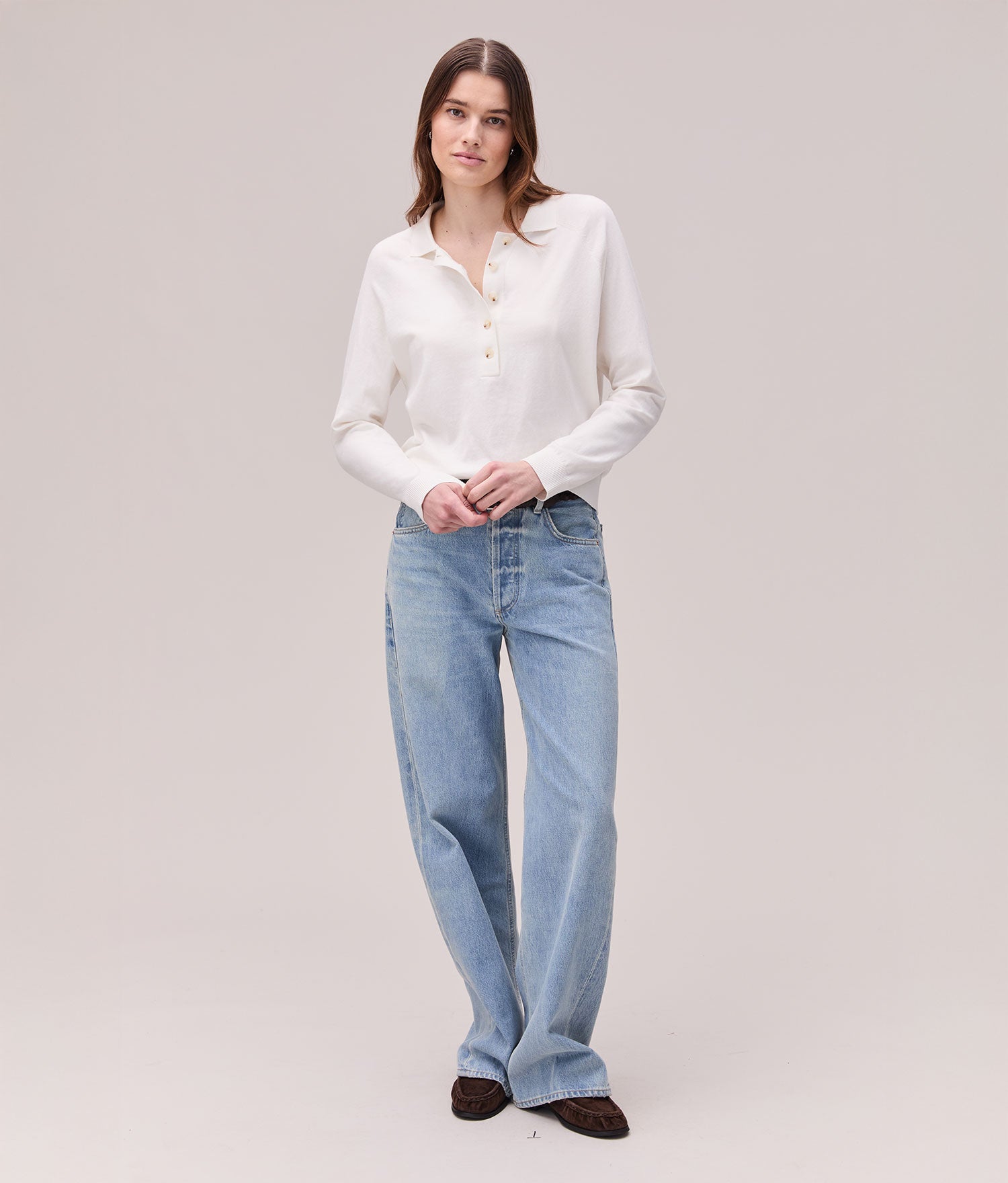 Womens Washable Cotton Silk Henley - Cotton Sweater Knit - Coconut Milk