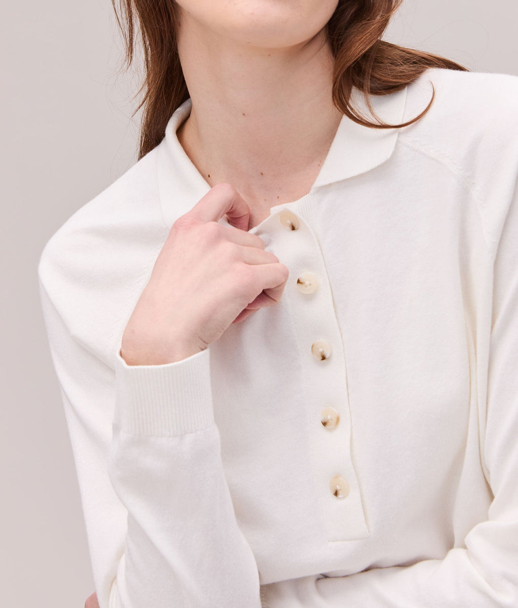 Womens Washable Cotton Silk Henley - Cotton Sweater Knit - Coconut Milk