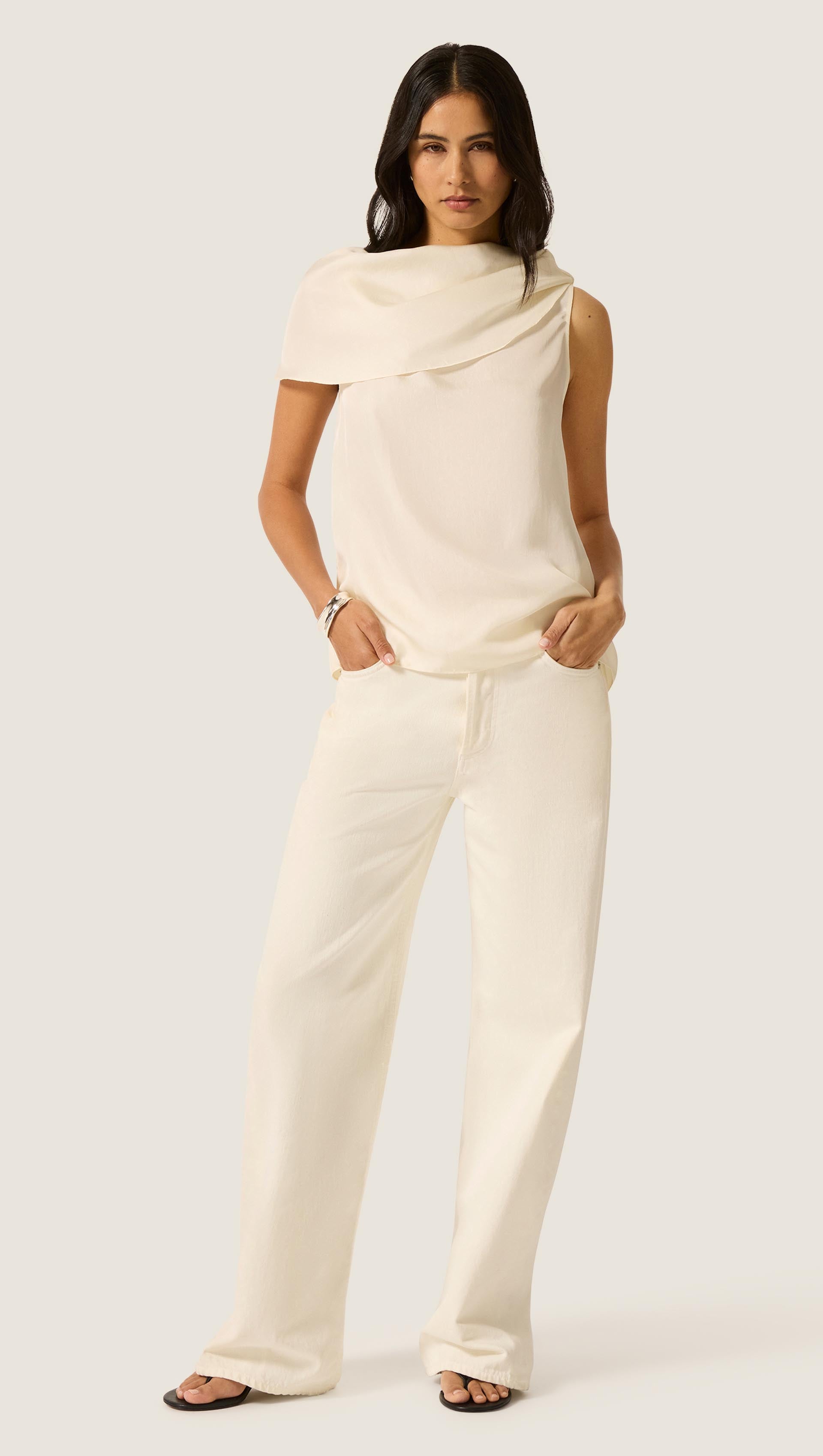 Funnel Neck Top in Silk Twill | Ivory
