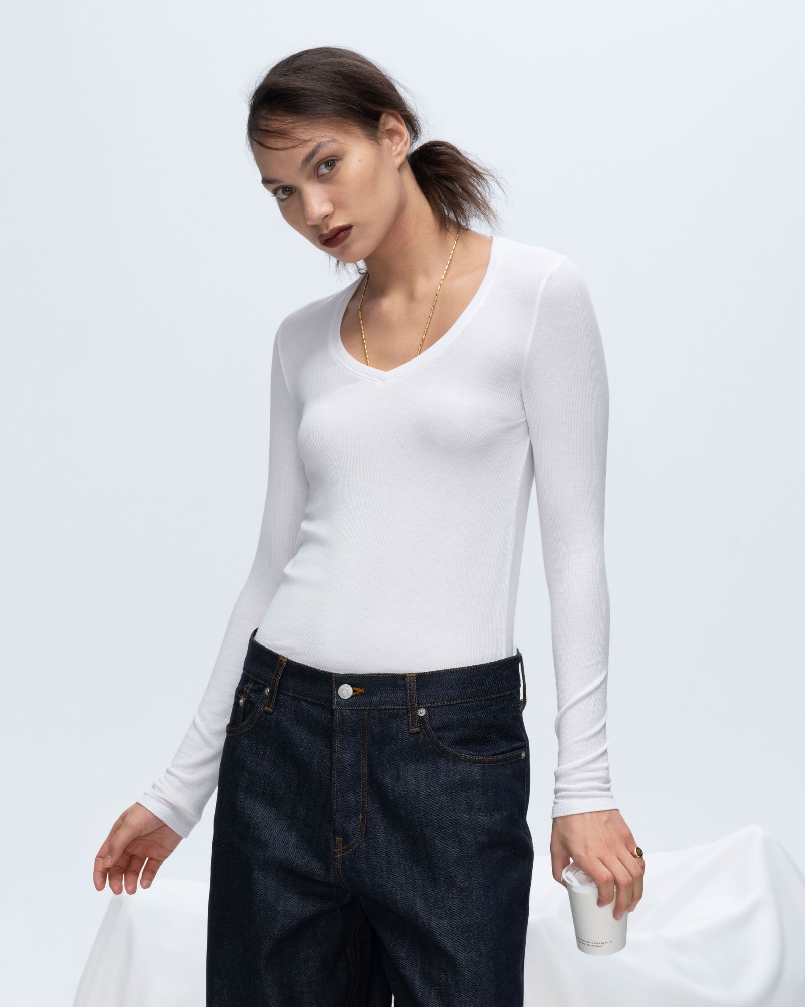 Modal Rib Long Sleeve V-Neck Tee - White