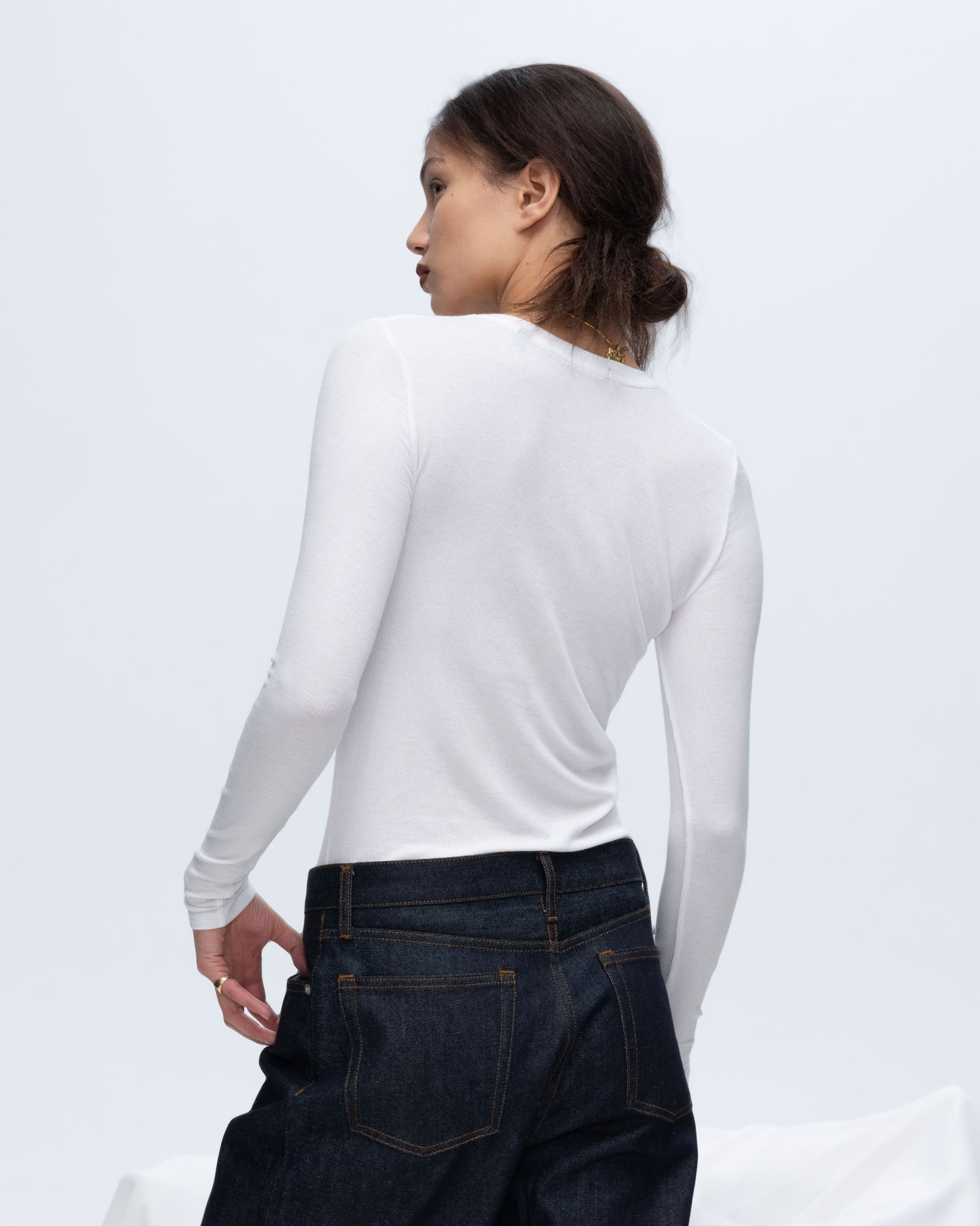 Modal Rib Long Sleeve V-Neck Tee - White