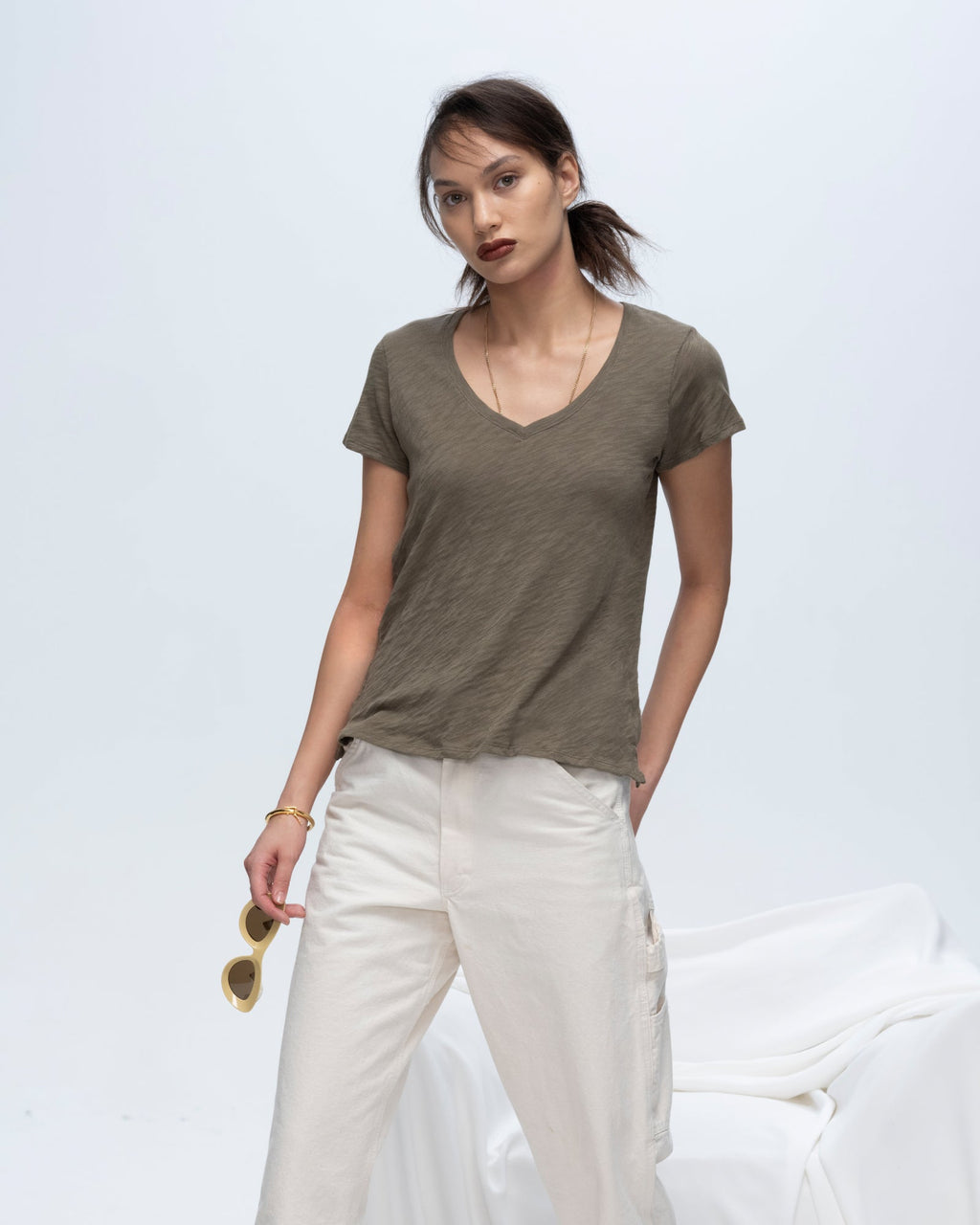 Slub Jersey Schoolboy V-Neck Tee - Army
