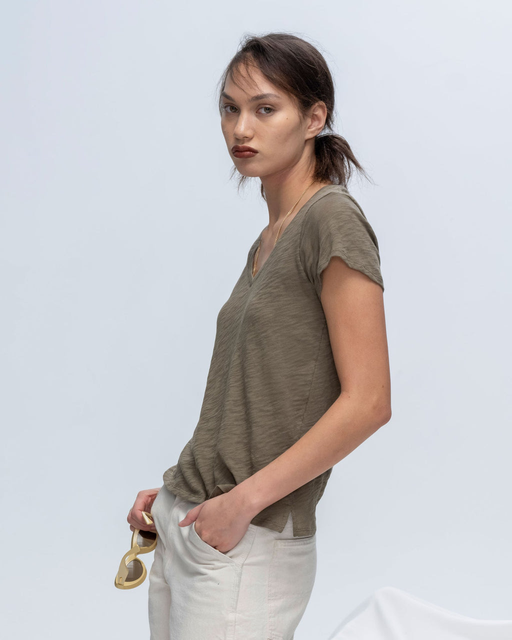 Slub Jersey Schoolboy V-Neck Tee - Army