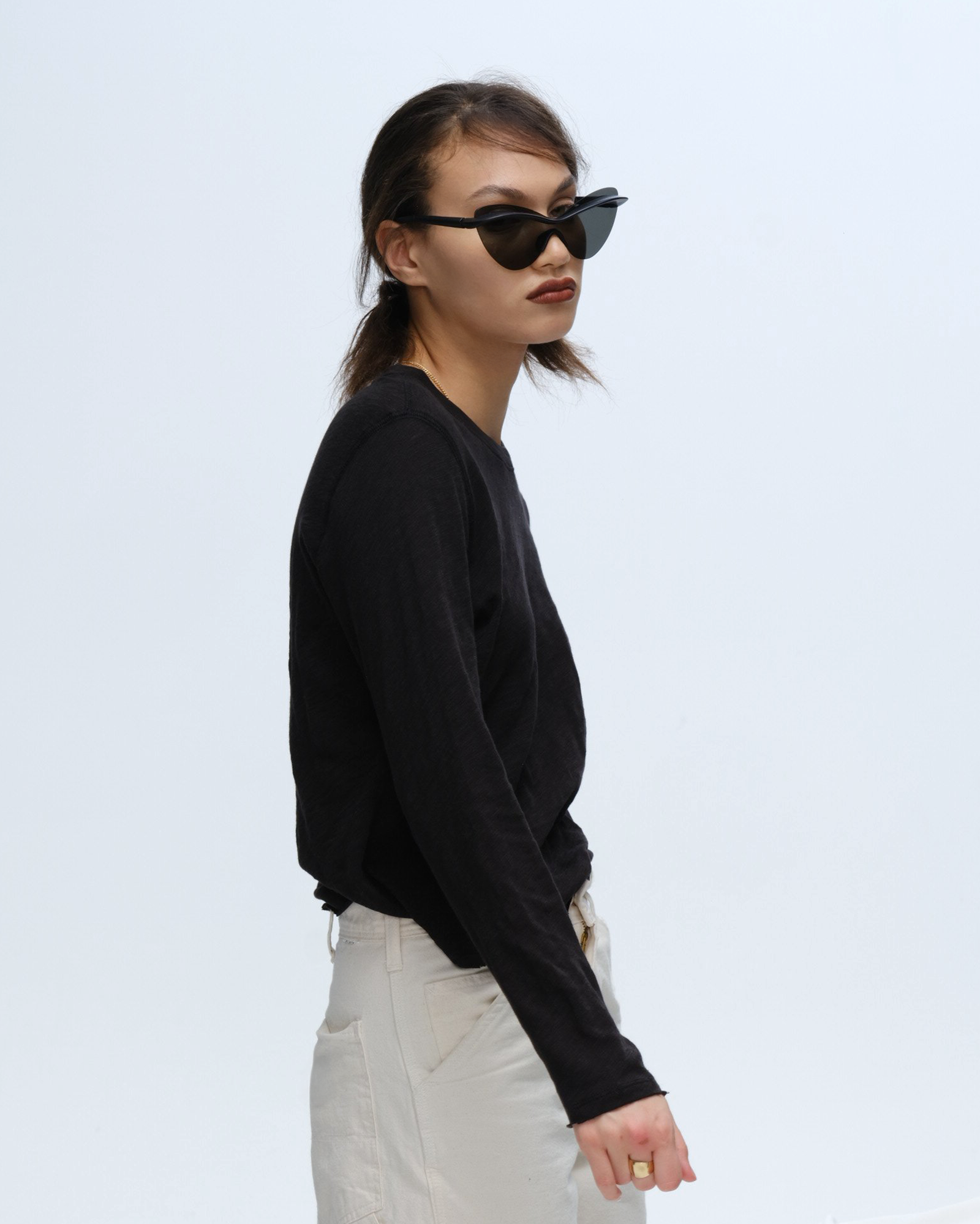 Slub Jersey Long Sleeve Destroyed Wash Crop Tee - Black