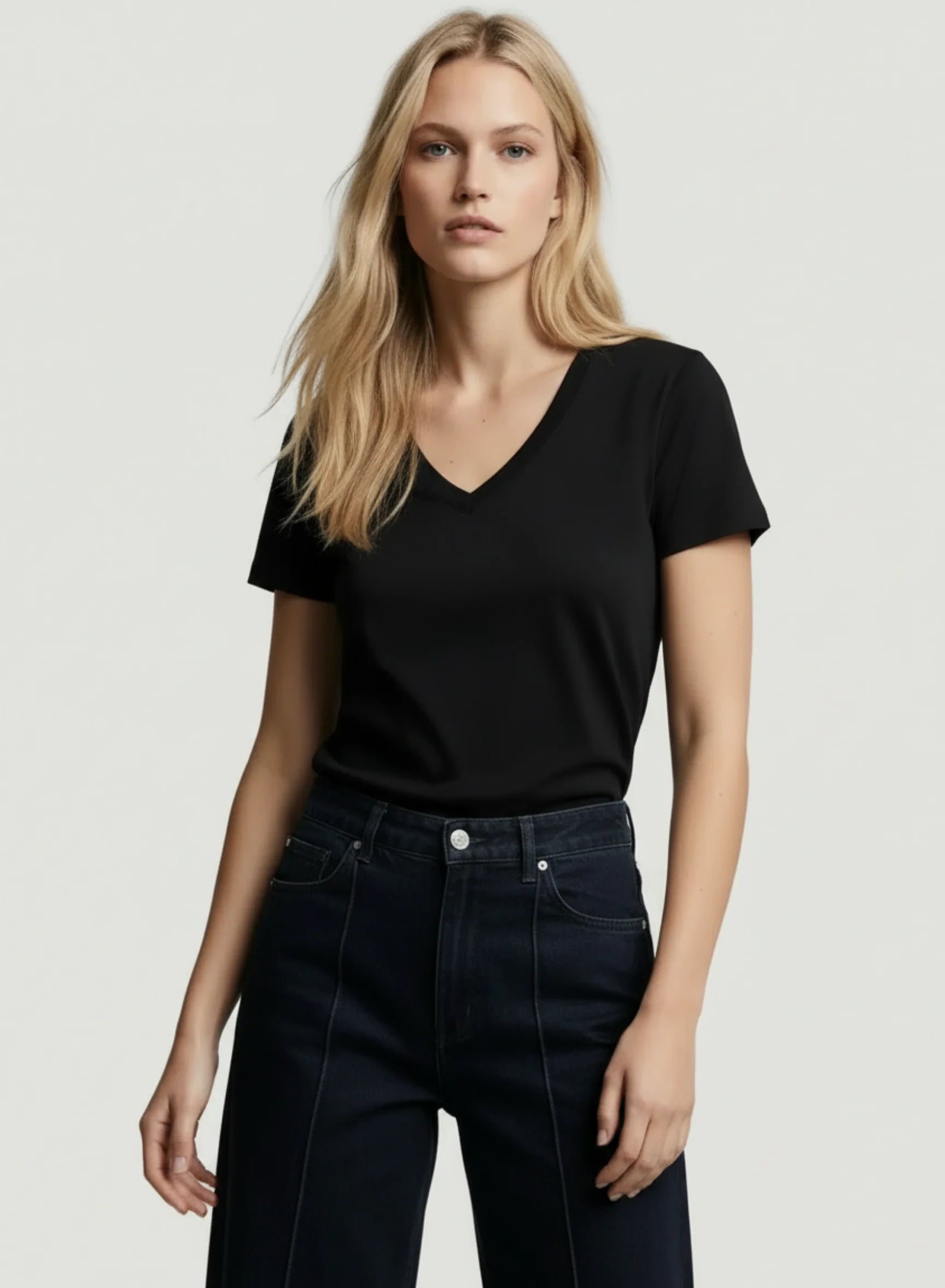 Lyocell Cotton Semi Relaxed Short Sleeve V-Neck T-Shirt