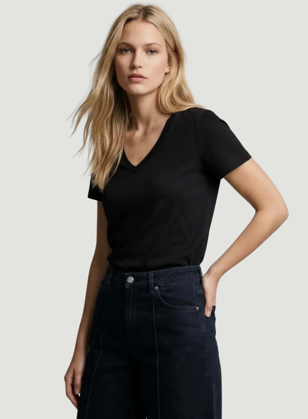 Lyocell Cotton Semi Relaxed Short Sleeve V-Neck T-Shirt