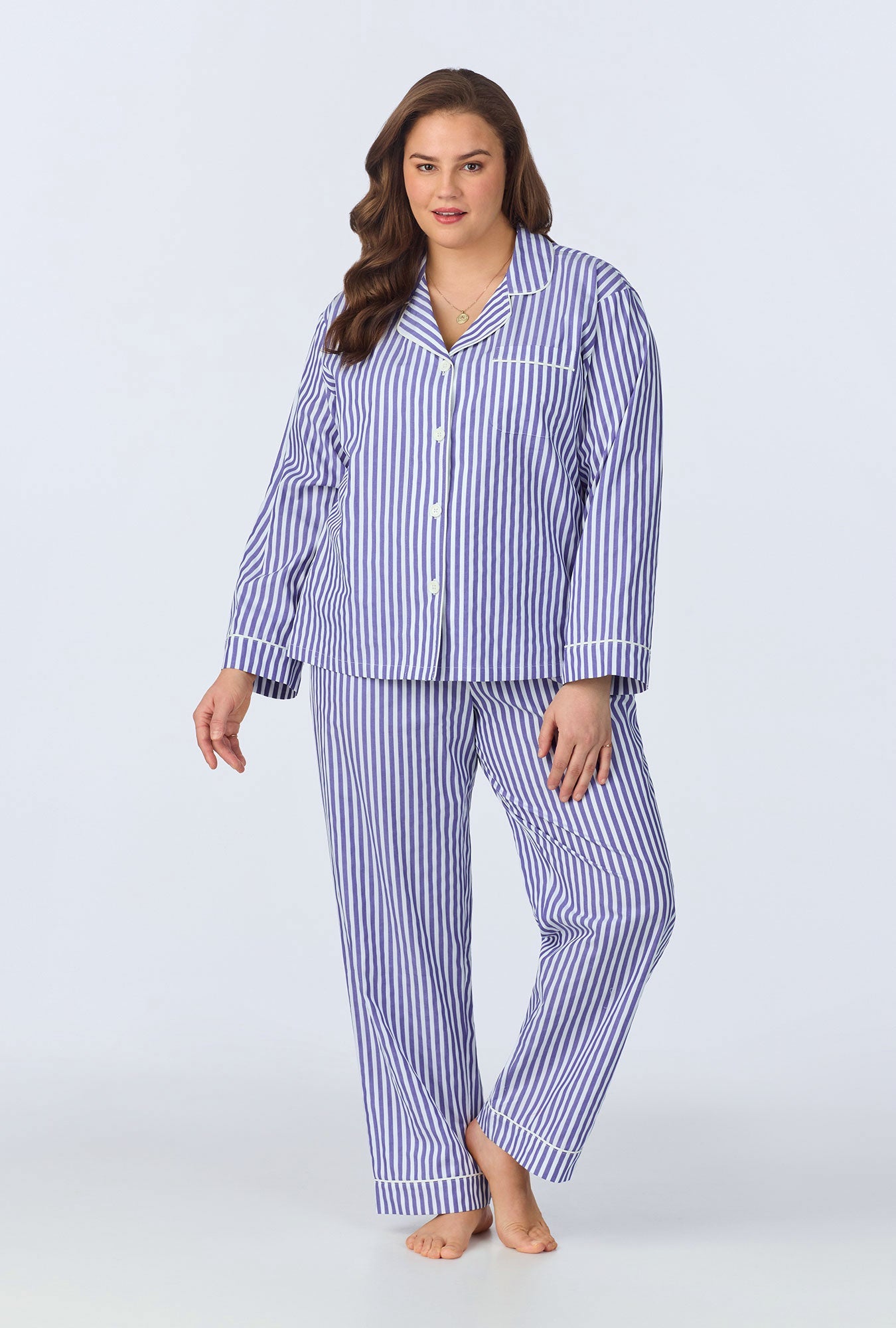 Navy 3D Stripe Long Sleeve Classic Woven Cotton Sateen Long PJ Set